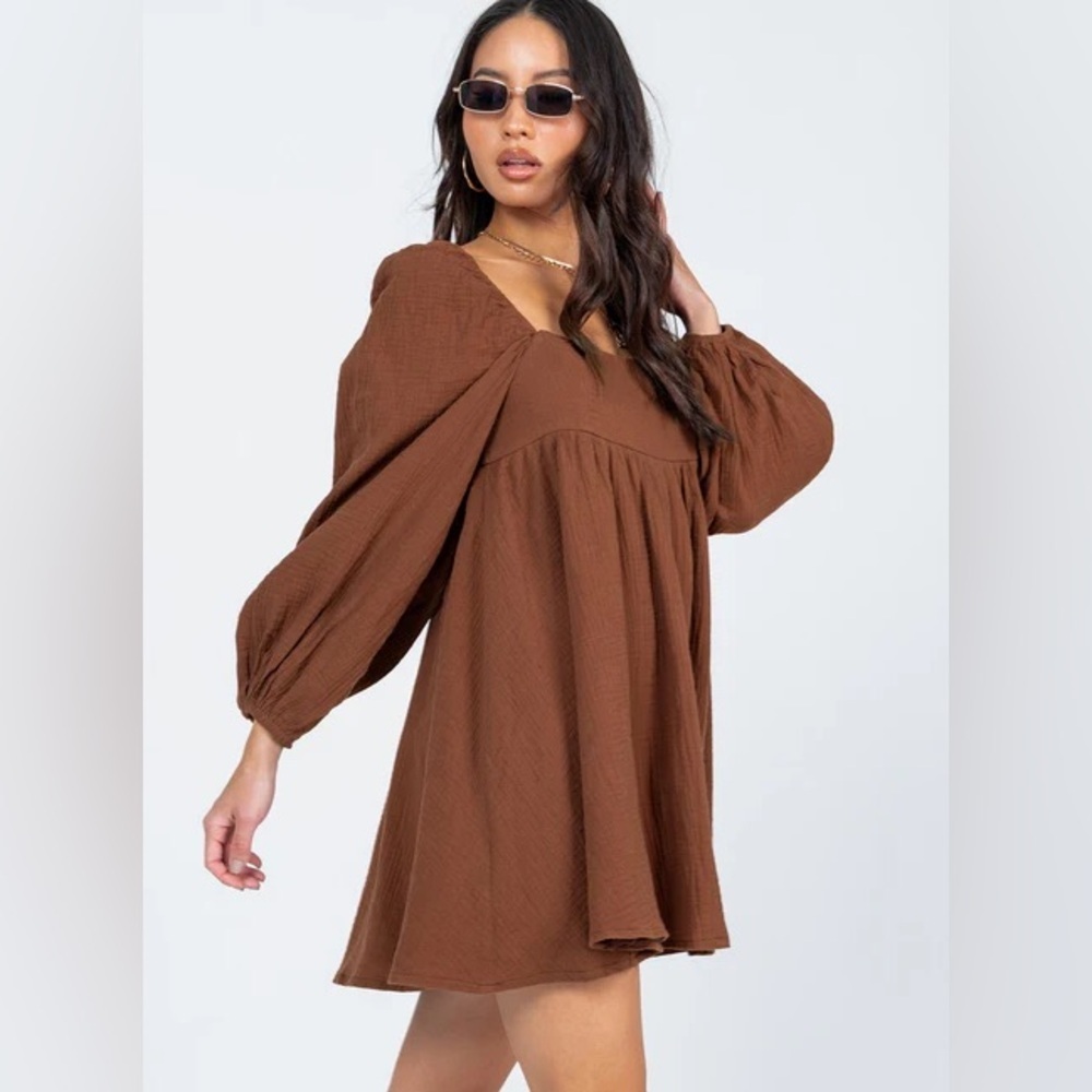 Brown Ruffled Maxi Dress 100% cotton gauze waffle earthy tone - Picture 3 of 15